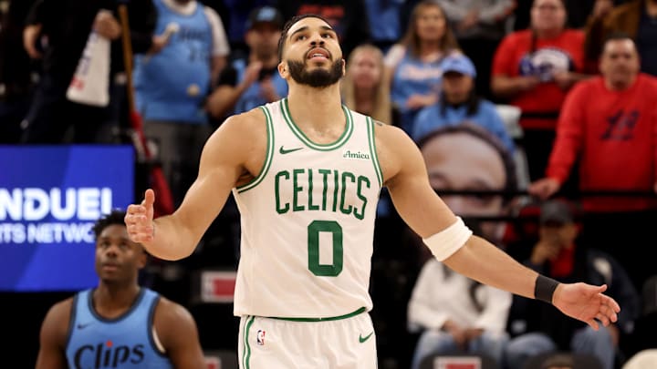 Jan 22, 2025; Inglewood, California, USA; Boston Celtics forward Jayson Tatum (0) reacts after a play during the second quarter against the LA Clippers at Intuit Dome. Mandatory Credit: Jason Parkhurst-Imagn Images Jan 22, 2025; Inglewood, California, USA; Boston Celtics forward Jayson Tatum (0) reacts after a play during the second quarter against the LA Clippers at Intuit Dome. Mandatory Credit: Jason Parkhurst-Imagn Images