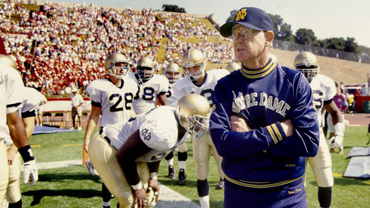 Oct 2, 1993; Stanford, CAL, USA; FILE PHOTO; Notre Dame Fighting Irish head coach Lou Holtz on the field prior to the game against Stanford Cardinal at Foster Field at Stanford Stadium. 