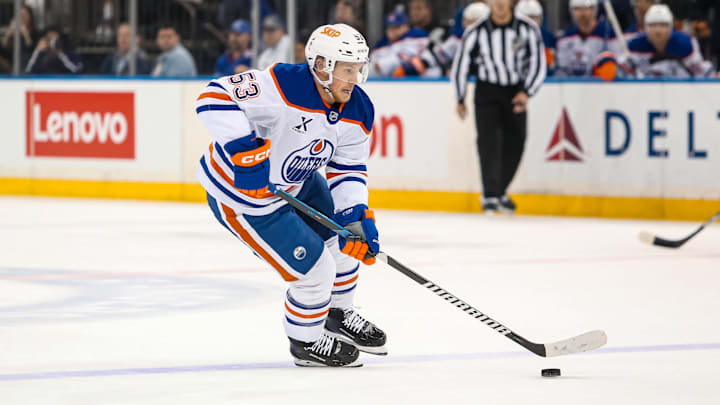 Mar 16, 2025; New York, New York, USA; Edmonton Oilers left wing Jeff Skinner (53) skates with the puck against the New York Rangers during the first period at Madison Square Garden. Mandatory Credit: Danny Wild-Imagn Images Mar 16, 2025; New York, New York, USA; Edmonton Oilers left wing Jeff Skinner (53) skates with the puck against the New York Rangers during the first period at Madison Square Garden. Mandatory Credit: Danny Wild-Imagn Images