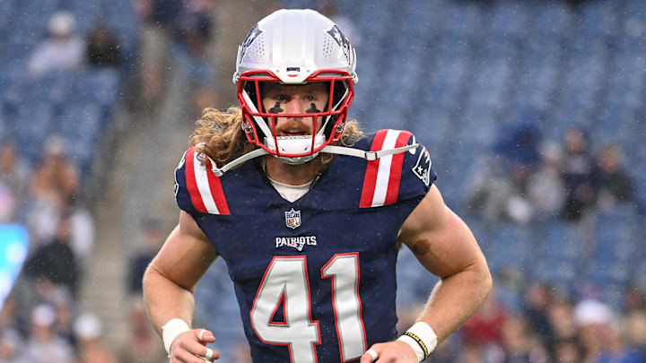 August 8, 2024; Foxborough, MA, USA;  New England Patriots safety Brenden Schooler (41) warms up before a game against the Carolina Panthers at Gillette Stadium. Mandatory Credit: Eric Canha-Imagn Images