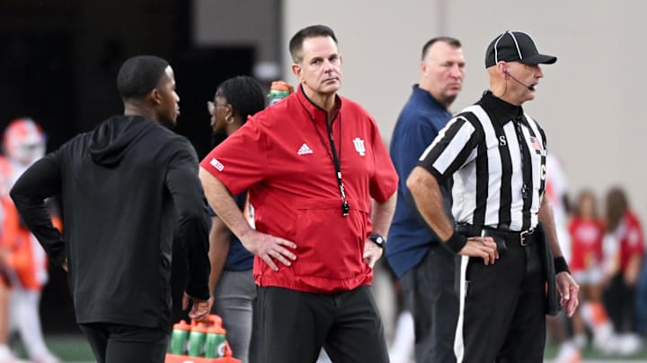 Sep 20, 2025; Bloomington, Indiana, USA; Indiana Hoosiers head coach Curt Cignetti watches his team prior to the game against the Illinois Fighting Illini at Memorial Stadium. Mandatory Credit: Robert Goddin-Imagn Images