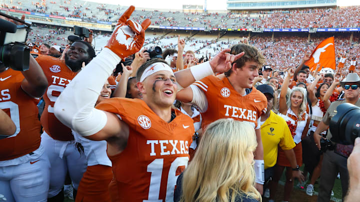 Oct 11, 2025; Dallas, Texas, USA;  Texas Longhorns defensive back Michael Taaffe (16) celebrates with Texas Longhorns quarterback Arch Manning (16) after the game against the Oklahoma Sooners at the Cotton Bowl. Mandatory Credit: Kevin Jairaj-Imagn Images