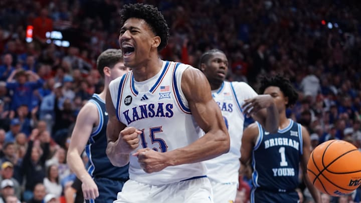 Kansas Jayhawks forward Bryson Tiller (15) reacts after scoring against BYU Cougars during the game inside Allen Fieldhouse on Jan. 31, 2026.