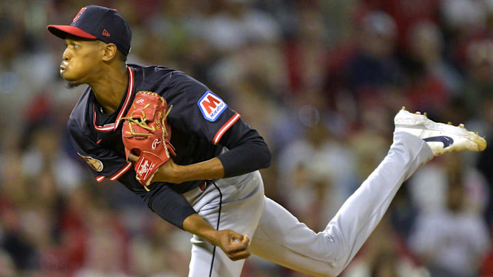 Apr 5, 2025; Anaheim, California, USA;Cleveland Guardians relief pitcher Triston McKenzie (24) delivers to the plate in the fifth inning against the Los Angeles Angels at Angel Stadium. Mandatory Credit: Jayne Kamin-Oncea-Imagn Images Apr 5, 2025; Anaheim, California, USA;Cleveland Guardians relief pitcher Triston McKenzie (24) delivers to the plate in the fifth inning against the Los Angeles Angels at Angel Stadium. Mandatory Credit: Jayne Kamin-Oncea-Imagn Images