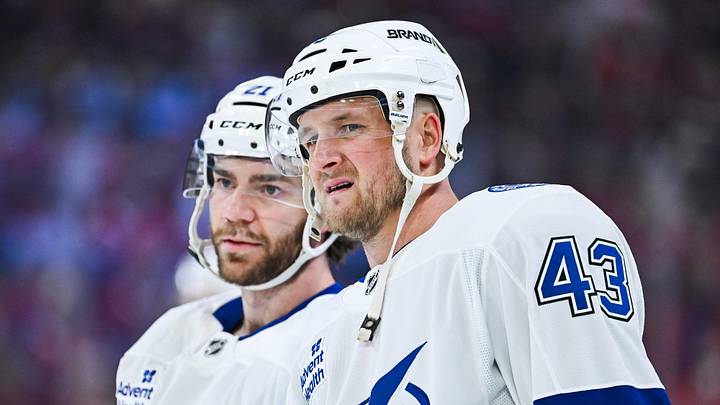 Apr 26, 2026; Montreal, Quebec, CAN; Tampa Bay Lightning defenseman Darren Raddysh (43) looks on beside center Brayden Point (21) during warm-up before the game against the Montreal Canadiens in game four of the first round of the 2026 Stanley Cup Playoffs at Bell Centre. Mandatory Credit: David Kirouac-Imagn Images Apr 26, 2026; Montreal, Quebec, CAN; Tampa Bay Lightning defenseman Darren Raddysh (43) looks on beside center Brayden Point (21) during warm-up before the game against the Montreal Canadiens in game four of the first round of the 2026 Stanley Cup Playoffs at Bell Centre. Mandatory Credit: David Kirouac-Imagn Images