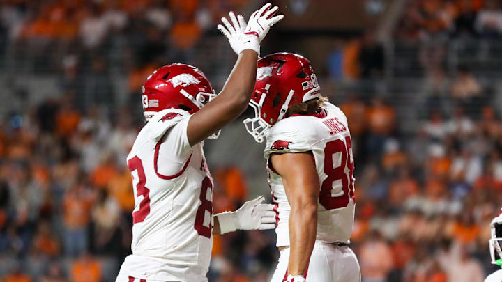 Oct 11, 2025; Knoxville, Tennessee, USA; Arkansas Razorbacks tight end Rohan Jones (88) celebrates scoring a touchdown against the Tennessee Volunteers during the second half at Neyland Stadium. Mandatory Credit: Randy Sartin-Imagn Images