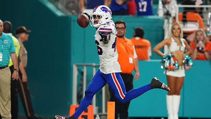 Sep 12, 2024; Miami Gardens, Florida, USA; Buffalo Bills cornerback Ja'Marcus Ingram (46) runs the ball for a touchdown after intercepting a pass from Miami Dolphins quarterback Tua Tagovailoa (1, not pictured) during the second half at Hard Rock Stadium.