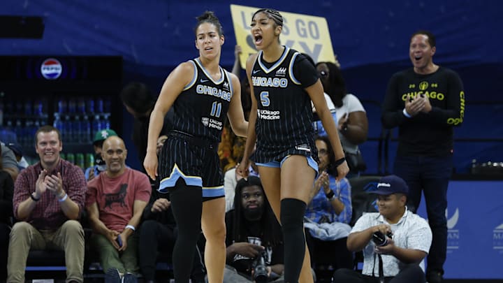 Aug 19, 2025; Chicago, Illinois, USA; Chicago Sky forward Angel Reese (5) reacts after scoring against the Seattle Storm during the second half at Wintrust Arena. Mandatory Credit: Kamil Krzaczynski-Imagn Images