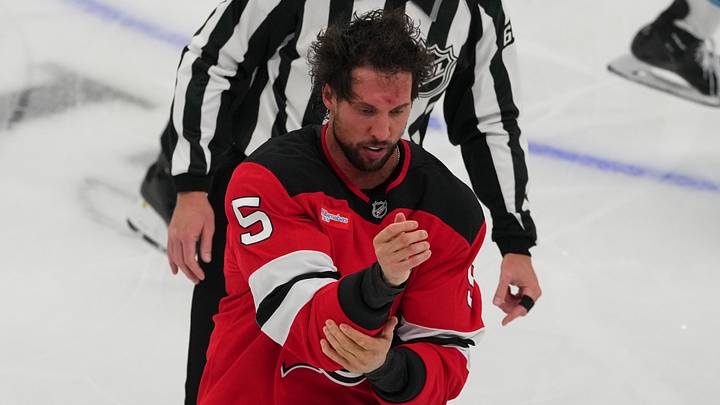 Oct 6, 2026; Newark, New Jersey, USA; New Jersey Devils defenseman Brenden Dillon (5) goes to the penalty box for fighting against the Utah Mammoth during the third period at Prudential Center. Mandatory Credit: Ed Mulholland-Imagn Images Oct 6, 2026; Newark, New Jersey, USA; New Jersey Devils defenseman Brenden Dillon (5) goes to the penalty box for fighting against the Utah Mammoth during the third period at Prudential Center. Mandatory Credit: Ed Mulholland-Imagn Images