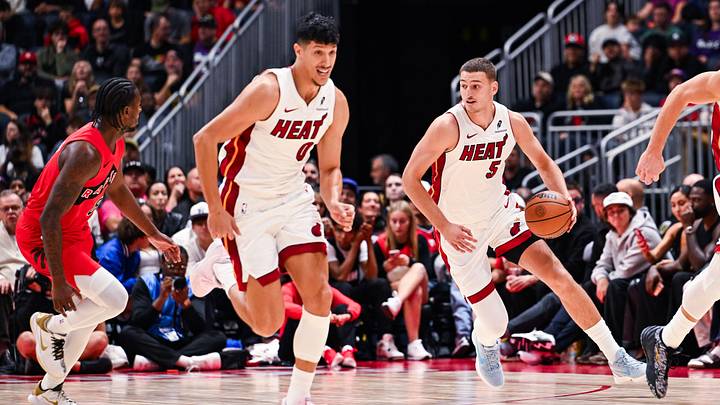 Oct 3, 2026; Quebec City, Quebec, CAN; Miami Heat forward Nikola Jovic (5) dribbles the ball against the Toronto Raptors during the first quarter at Videotron Centre. Mandatory Credit: David Kirouac-Imagn Images