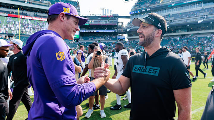 Aug 24, 2024; Philadelphia, Pennsylvania, USA; Minnesota Vikings head coach Kevin O’Connell and Philadelphia Eagles head coach Nick Sirianni speak after the game at Lincoln Financial Field.