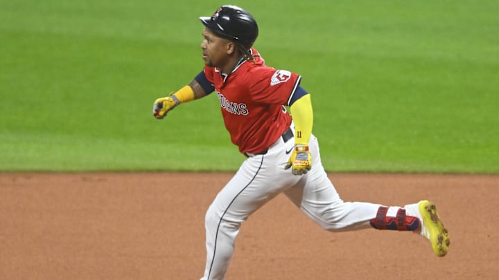Sep 24, 2025; Cleveland, Ohio, USA; Cleveland Guardians third baseman Jose Ramirez (11) runs the bases in the first inning against the Detroit Tigers at Progressive Field. Mandatory Credit: David Richard-Imagn Images