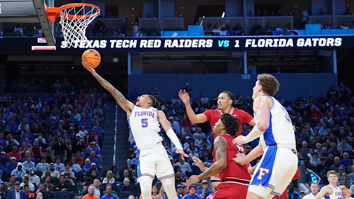 Mar 29, 2025; San Francisco, CA, USA; Florida Gators guard Will Richard (5) drives to the hoop during the second half against the Texas Tech Red Raiders during the West Regional final of the 2025 NCAA tournament at Chase Center. Mandatory Credit: Kyle Terada-Imagn Images Mar 29, 2025; San Francisco, CA, USA; Florida Gators guard Will Richard (5) drives to the hoop during the second half against the Texas Tech Red Raiders during the West Regional final of the 2025 NCAA tournament at Chase Center. Mandatory Credit: Kyle Terada-Imagn Images