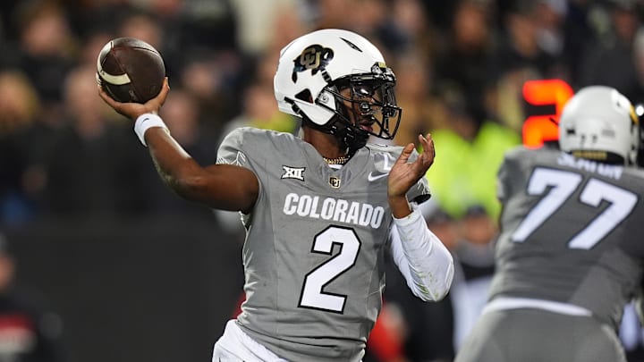 Oct 26, 2024; Boulder, Colorado, USA; Colorado Buffaloes quarterback Shedeur Sanders (2) prepares to pass in the second half against the Cincinnati Bearcats at Folsom Field. Mandatory Credit: Ron Chenoy-Imagn Images Oct 26, 2024; Boulder, Colorado, USA; Colorado Buffaloes quarterback Shedeur Sanders (2) prepares to pass in the second half against the Cincinnati Bearcats at Folsom Field. Mandatory Credit: Ron Chenoy-Imagn Images
