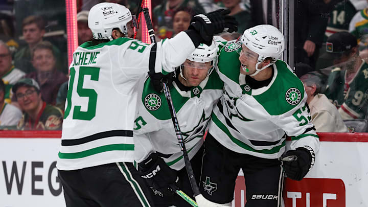 Apr 22, 2026; Saint Paul, Minnesota, USA; Dallas Stars center Wyatt Johnston (53) celebrates his game-winning goal during the second overtime period in game three of the first round of the 2026 Stanley Cup Playoffs against the Minnesota Wild at Grand Casino Arena. Mandatory Credit: Matt Krohn-Imagn Images