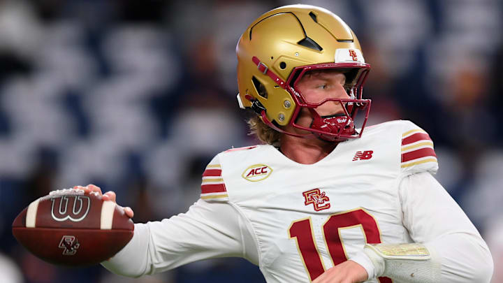 Nov 29, 2025; Syracuse, New York, USA; Boston College Eagles quarterback Shaker Reisig (10) warms up prior to the game against the Syracuse Orange at the JMA Wireless Dome. Mandatory Credit: Rich Barnes-Imagn Images