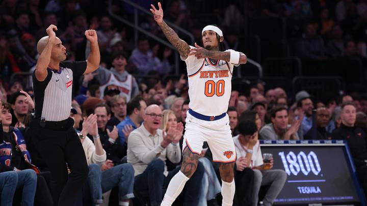 Nov 2, 2025; New York, New York, USA; New York Knicks guard Jordan Clarkson (00) reacts after making a three point basket during the first half against the Chicago Bulls at Madison Square Garden. Mandatory Credit: Vincent Carchietta-Imagn Images