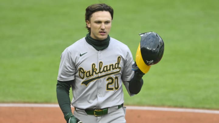 Apr 20, 2024; Cleveland, Ohio, USA; Oakland Athletics second baseman Zack Gelof (20) reacts after