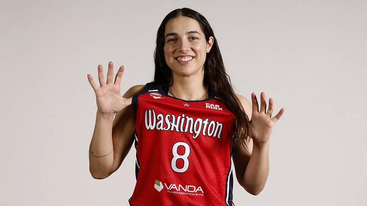 Apr 20, 2026; Washington, DC, USA; Washington Mystics guard Georgia Amoore (8) poses for a portrait during Mystics Media Day at CareFirst Arena. Mandatory Credit: Geoff Burke-Imagn Images