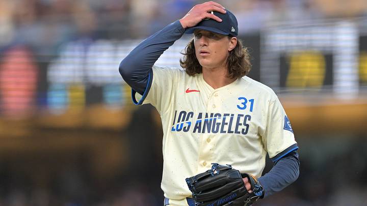 Sep 5, 2026; Los Angeles, California, USA; Los Angeles Dodgers starting pitcher Tyler Glasnow (31) reacts after giving up a hit against the Washington Nationals at Dodger Stadium. Mandatory Credit: Jayne Kamin-Oncea-Imagn Images