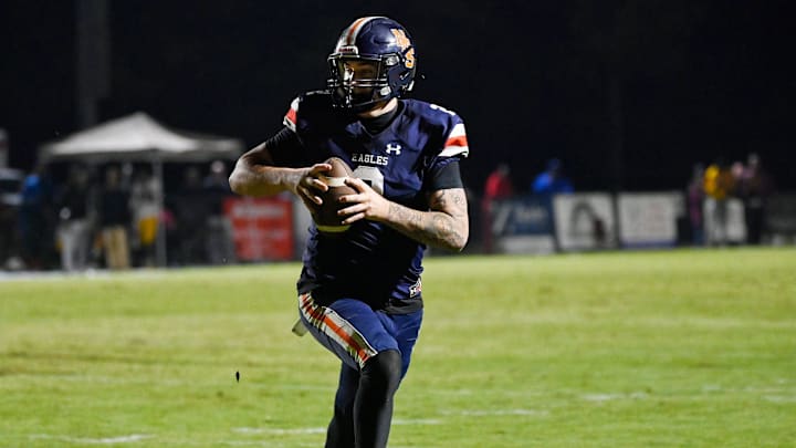 Nashville Christian quarterback Jared Curtis (2) runs the ball in for the go-ahead touchdown with 50 second left in game against Tyner Friday, Oct. 10, 2025, in Nashville, Tenn.