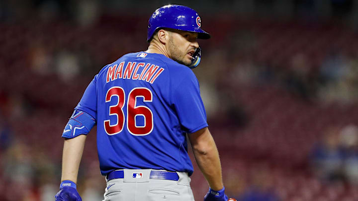 Apr 4, 2023; Cincinnati, Ohio, USA; Chicago Cubs designated hitter Trey Mancini (36) reacts after a strike called in the ninth inning against the Cincinnati Reds at Great American Ball Park.