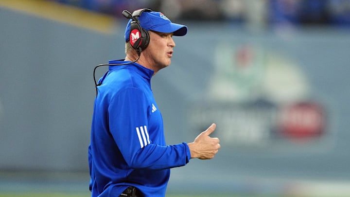 Dec 26, 2023; Phoenix, AZ, USA; Kansas Jayhawks head coach Lance Leipold looks on against the UNLV Rebels during the second half at Chase Field. Mandatory Credit: Joe Camporeale-Imagn Images