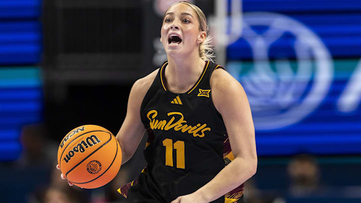 Mar 6, 2026; Kansas City, MO, USA; Arizona State guard Marley Washenitz (11) brings the ball up court against West Virginia during the second half at T-Mobile Center. Mandatory Credit: Nick Tre. Smith-Imagn Images