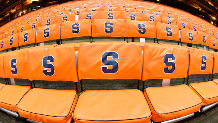 Nov 22, 2016; Syracuse, NY, USA; General view of seat covers with the Syracuse Orange logo inside the Carrier Dome prior to the game between the South Carolina State Bulldogs and the Syracuse Orange. Mandatory Credit: Rich Barnes-Imagn Images