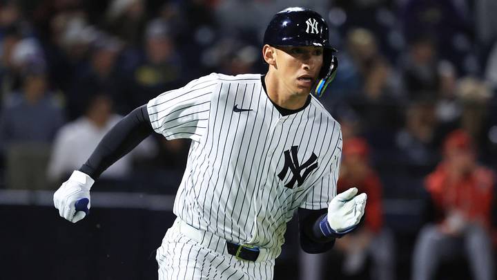 Feb 25, 2026; Tampa, Florida, USA; New York Yankees infielder George Lombard Jr (96) hits a two-RBI double during the fifth inning against the Washington Nationals at George M. Steinbrenner Field. Mandatory Credit: Kim Klement Neitzel-Imagn Images Feb 25, 2026; Tampa, Florida, USA; New York Yankees infielder George Lombard Jr (96) hits a two-RBI double during the fifth inning against the Washington Nationals at George M. Steinbrenner Field. Mandatory Credit: Kim Klement Neitzel-Imagn Images