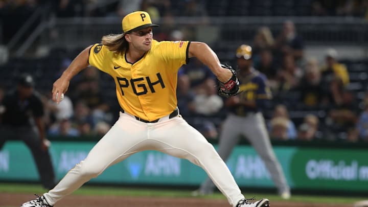 Sep 5, 2025; Pittsburgh, Pennsylvania, USA;  Pittsburgh Pirates relief pitcher Carmen Mlodzinski (50) pitches against the Milwaukee Brewers during the sixth inning at PNC Park. Mandatory Credit: Charles LeClaire-Imagn Images
