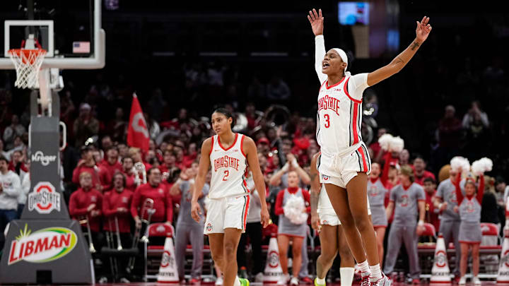 Ohio State Buckeyes guard Kennedy Cambridge (3) reacts during the second half of the NCAA women's basketball game against the Maryland Terrapins at Value City Arena on Jan. 23, 2025. Ohio State won 74-66.