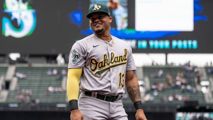 Aug 30, 2023; Seattle, Washington, USA; Oakland Athletics third baseman Jordan Diaz   (13) before a game against the Seattle Mariners at T-Mobile Park. Mandatory Credit: Stephen Brashear-Imagn Images
