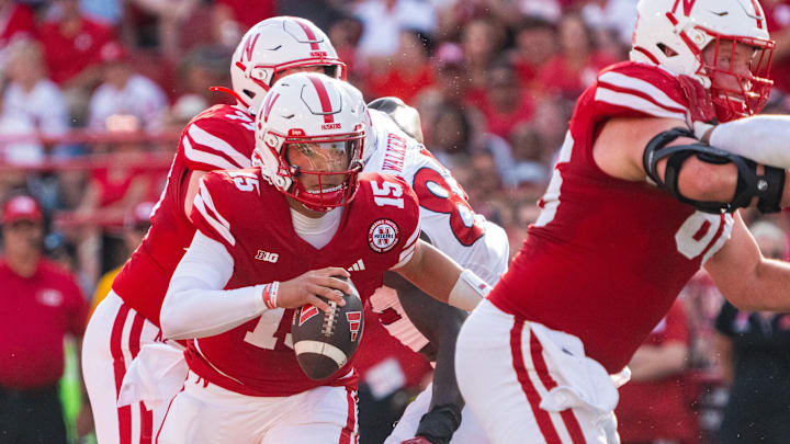 Oct 5, 2024; Lincoln, Nebraska, USA; Nebraska Cornhuskers quarterback Dylan Raiola (15) runs against the Rutgers Scarlet Knights during the second quarter at Memorial Stadium. 