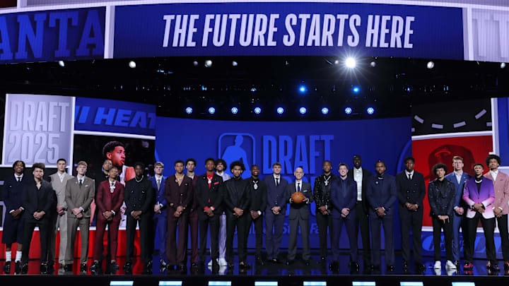 Jun 25, 2025; Brooklyn, NY, USA; The 2025 NBA Draft class and NBA commissioner Adam Silver stand on stage before the first round of the 2025 NBA Draft at Barclays Center. Mandatory Credit: Brad Penner-Imagn Images