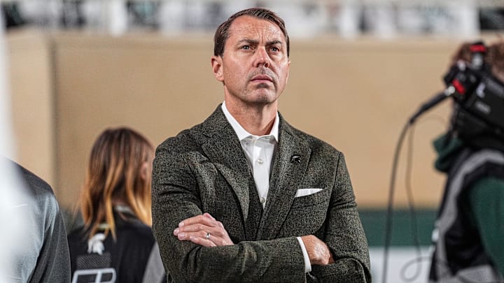 Michigan State Director of Athletics J Batt watches a play against Western Michigan form the sideline during the second half at Spartan Stadium in East Lansing on Friday, August 29, 2025.
