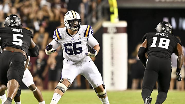 Oct 26, 2024; College Station, Texas, USA; LSU Tigers offensive tackle Will Campbell (66) in action during the second half against the Texas A&M Aggies. The Aggies defeated the Tigers 38-23; at Kyle Field. Mandatory Credit: Maria Lysaker-Imagn Images.  