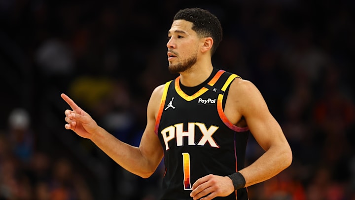 Apr 9, 2025; Phoenix, Arizona, USA; Phoenix Suns guard Devin Booker (1) reacts after a play against the Oklahoma City Thunder during the first half at Footprint Center. Mandatory Credit: Mark J. Rebilas-Imagn Images Apr 9, 2025; Phoenix, Arizona, USA; Phoenix Suns guard Devin Booker (1) reacts after a play against the Oklahoma City Thunder during the first half at Footprint Center. Mandatory Credit: Mark J. Rebilas-Imagn Images
