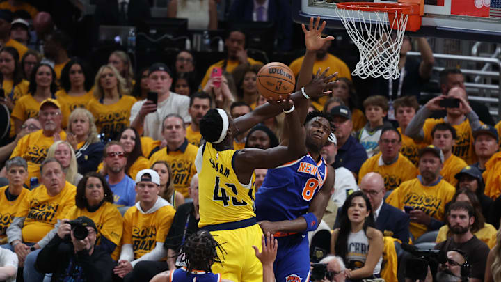 May 25, 2025; Indianapolis, Indiana, USA; Indiana Pacers forward Pascal Siakam (43) drives to the hoop past New York Knicks forward OG Anunoby (8) during the first quarter of game three of the eastern conference finals for the 2025 NBA Playoffs at Gainbridge Fieldhouse. Mandatory Credit: Trevor Ruszkowski-Imagn Images May 25, 2025; Indianapolis, Indiana, USA; Indiana Pacers forward Pascal Siakam (43) drives to the hoop past New York Knicks forward OG Anunoby (8) during the first quarter of game three of the eastern conference finals for the 2025 NBA Playoffs at Gainbridge Fieldhouse. Mandatory Credit: Trevor Ruszkowski-Imagn Images