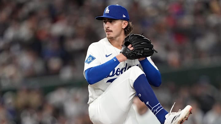 Mar 15, 2025; Bunkyo, Tokyo, Japan; Los Angeles Dodgers starting pitcher Justin Wrobleski (70) throws a pitch against the Yomiuri Giants during the first inning at Tokyo Dome. Mandatory Credit: Darren Yamashita-Imagn Images Mar 15, 2025; Bunkyo, Tokyo, Japan; Los Angeles Dodgers starting pitcher Justin Wrobleski (70) throws a pitch against the Yomiuri Giants during the first inning at Tokyo Dome. Mandatory Credit: Darren Yamashita-Imagn Images