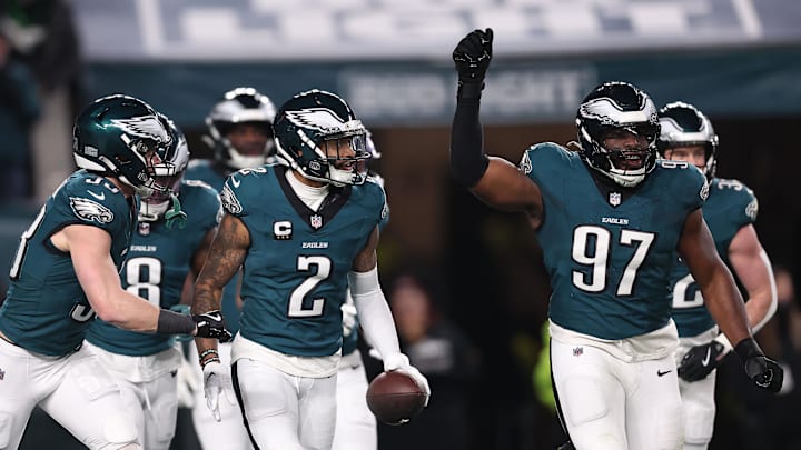 Jan 12, 2025; Philadelphia, Pennsylvania, USA; Philadelphia Eagles cornerback Darius Slay Jr. (2) reacts after an interception against the Green Bay Packers during the first half in an NFC wild card game at Lincoln Financial Field. Mandatory Credit: Bill Streicher-Imagn Images