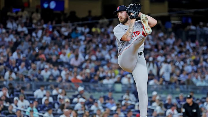 Sep 30, 2025; Bronx, New York, USA; Boston Red Sox pitcher Garrett Crochet (35) throws a pitch during the fourth inning against the New York Yankees during game one of the Wildcard round for the 2025 MLB playoffs at Yankee Stadium. Mandatory Credit: Brad Penner-Imagn Images