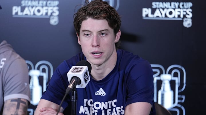 Apr 20, 2025; Toronto, Ontario, CAN; Toronto Maple Leafs forward Mitch Marner (16) answers a question from the media following game one of the first round of the 2025 Stanley Cup Playoffs against the Ottawa Senators at Scotiabank Arena. Mandatory Credit: John E. Sokolowski-Imagn Images