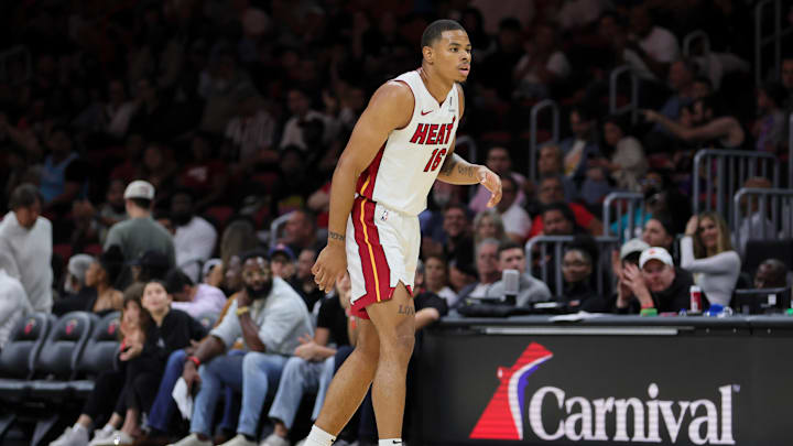 Oct 15, 2024; Miami, Florida, USA; Miami Heat forward Keshad Johnson (16) looks on against the San Antonio Spurs during the fourth quarter at Kaseya Center. Mandatory Credit: Sam Navarro-Imagn Images