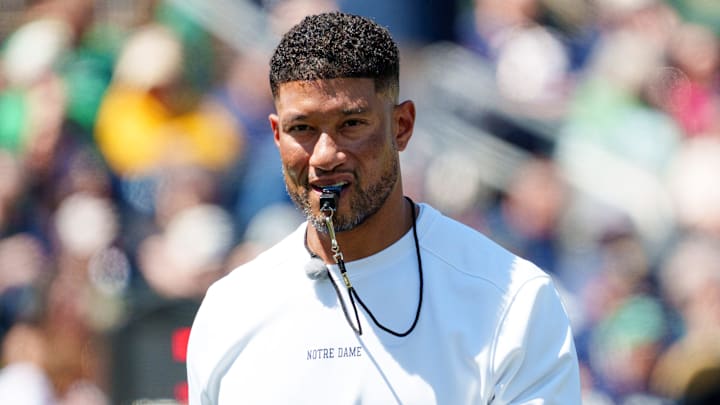 Notre Dame head coach Marcus Freeman during the Blue-Gold spring game at Notre Dame Stadium on Saturday, April 25, 2026, in South Bend.