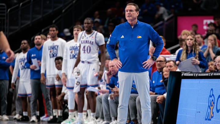 Mar 12, 2026; Kansas City, MO, USA; Kansas Jayhawks coach Bob Self watches game play during the second half against the TCU Horned Frogs at T-Mobile Center. Mandatory Credit: William Purnell-Imagn Images