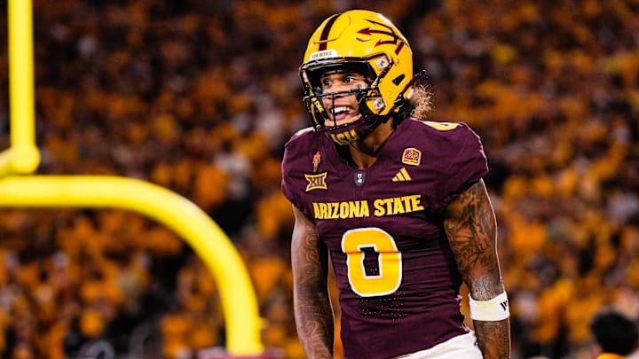 Arizona State Sun Devils wide receiver Jordyn Tyson (0) celebrates his touchdown in the first quarter between Arizona State Sun Devils and Northern Arizona Lumberjacks at Mountain America Stadium. Arizona State Sun Devils wide receiver Jordyn Tyson (0) celebrates his touchdown in the first quarter between Arizona State Sun Devils and Northern Arizona Lumberjacks at Mountain America Stadium.
