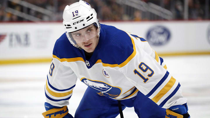 Jan 6, 2024; Pittsburgh, Pennsylvania, USA;  Buffalo Sabres center Peyton Krebs (19) prepares to
