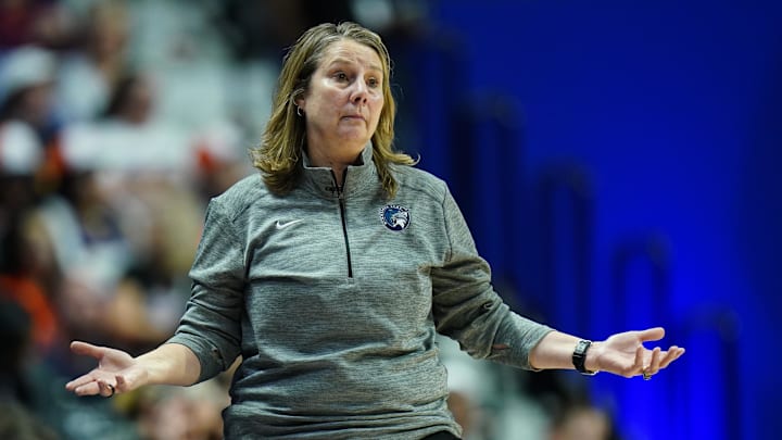 Oct 6, 2024; Uncasville, Connecticut, USA; Minnesota Lynx head coach Cheryl Reeve watches from the sideline as they take on the Connecticut Sun during game four of the 2024 WNBA Semi-finals at Mohegan Sun Arena. Mandatory Credit: David Butler II-Imagn Images