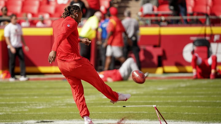 Oct 16, 2022; Kansas City, Missouri, USA; Kansas City Chiefs safety Justin Reid (20) warms up kicking against the Buffalo Bills prior to the game at GEHA Field at Arrowhead Stadium. Mandatory Credit: Denny Medley-USA TODAY Sports